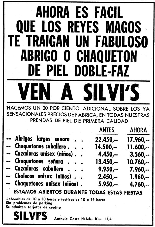 Anunci publicat al diari LA VANGUARDIA per l'empresa CURTIDOS FALGUERA sobre la venda d'abrics de pell amb descompte dins de la discoteca Silvi's de Gav Mar (3 de Gener de 1981)